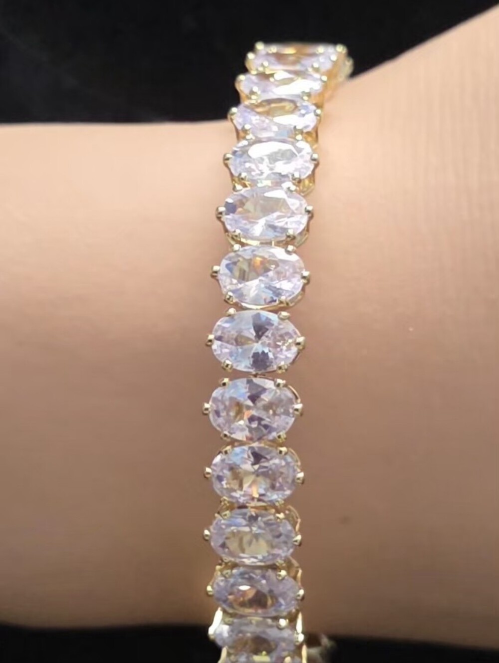 Gold Tone Oval Crystal Tennis Bracelet Stainless Steel Hypoallergenic